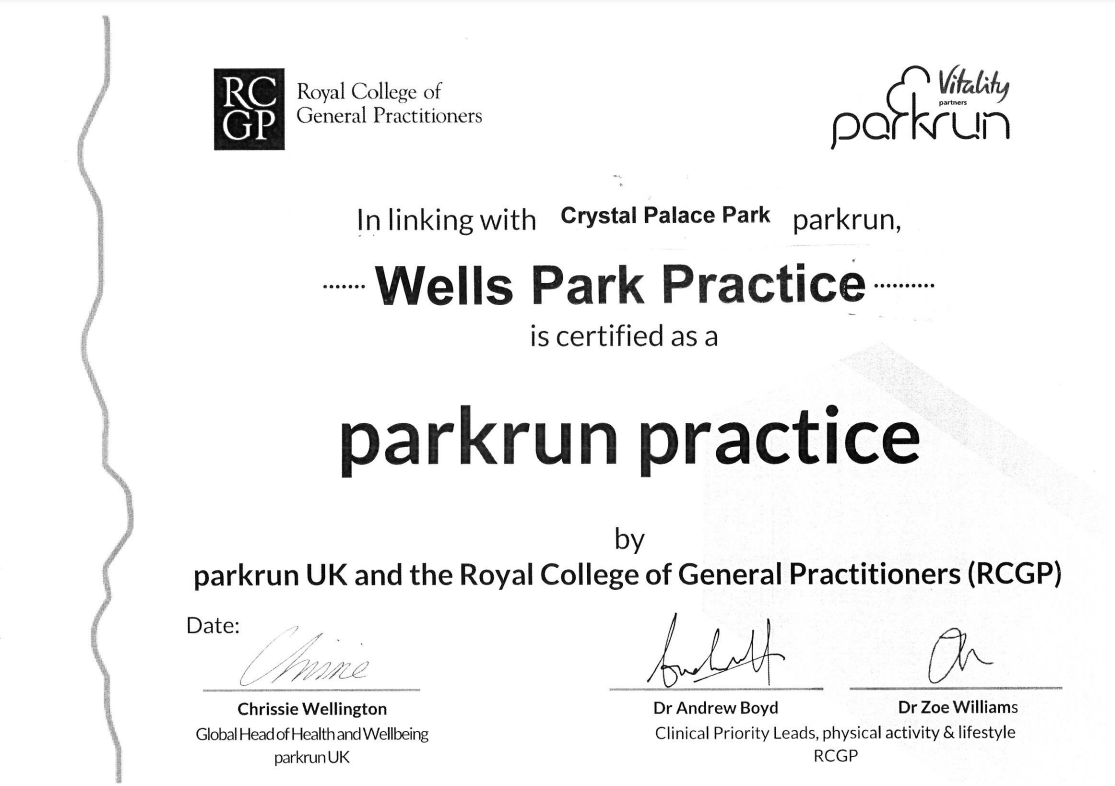 Wells Park Practice is certified as a Parkrun Practice by Parkrun UK and the RCGP